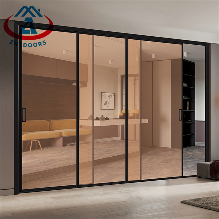 Retro Brown Glass Narrow Aluminum Frame Sliding Door