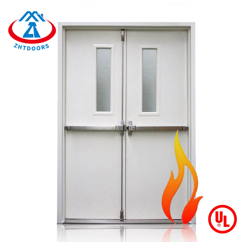 2 Hours Cheap Double Steel Fire Exit Door with Glass Cross bar Panic Exit Device UL Approve